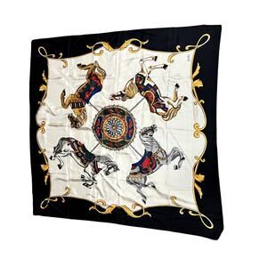 Vintage Club 7 Echo Silk Scarf Regal Carousel Horses 35" x 35" Black Cream Gold